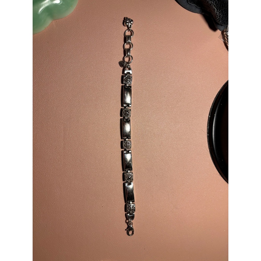 Brighton Silver Tone Scroll Link Bracelet Heart Charm Lobster Clasp 8.25 Inch